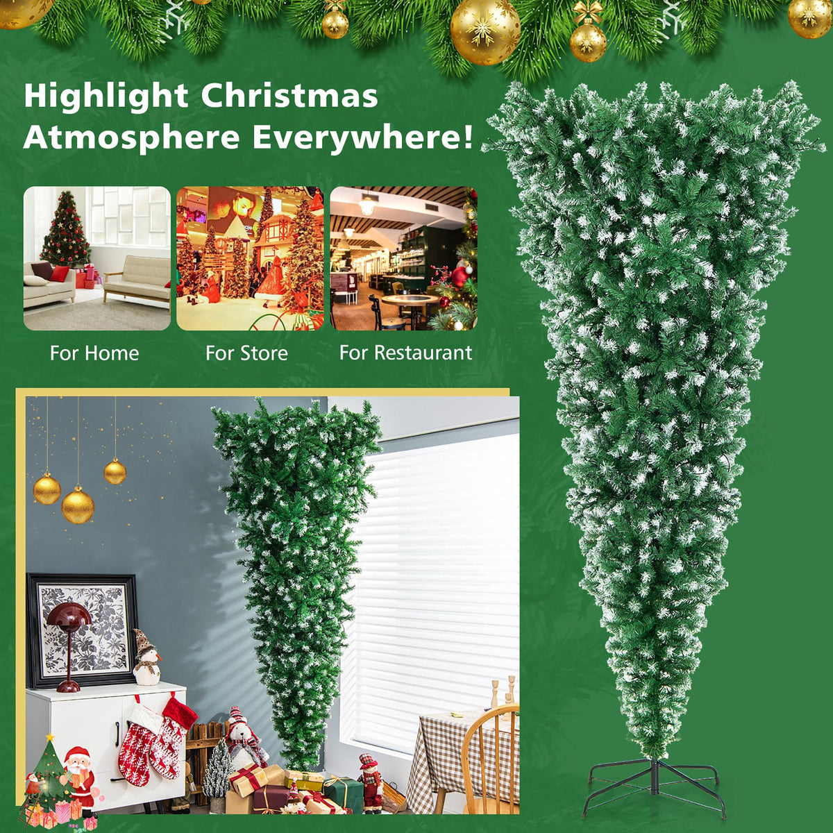 Gymax 7.5FT Pre-Lit Snowy Inverted Christmas Tree Artificial Tree w/ 400 LED Lights