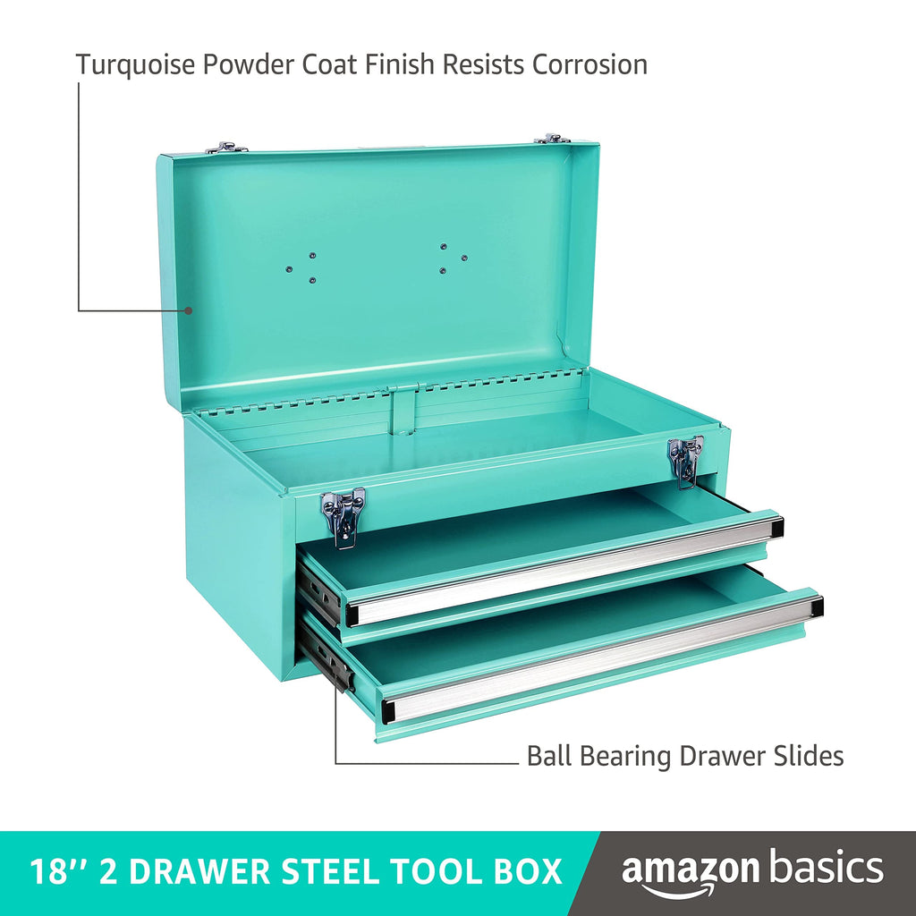 Metal Tool Box with Drawers, Storaand Organization Tool Chest, Powder Coat Finish, 18.1 x 8.7 x 9.5 in, Turquoise