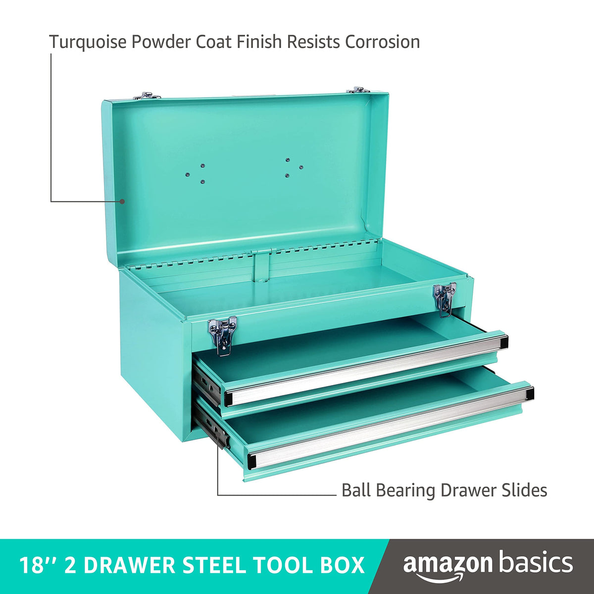 Metal Tool Box with Drawers, Storaand Organization Tool Chest, Powder Coat Finish, 18.1 x 8.7 x 9.5 in, Turquoise