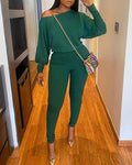 round neck lantern sleeve top &amp; pants set