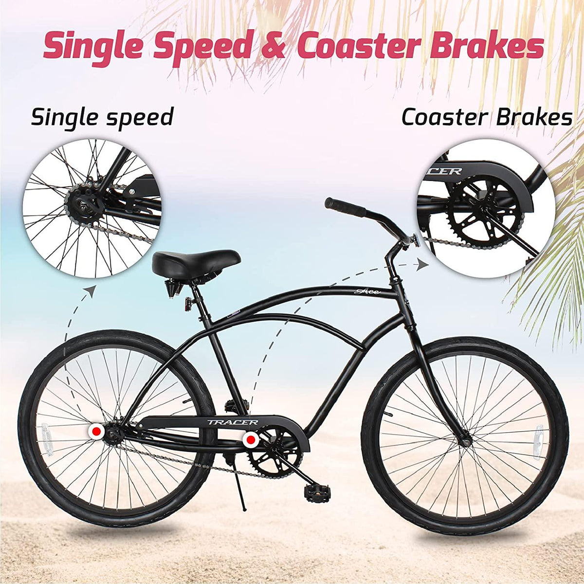 TRACER ACE&amp;BORA Lightweight Beach Cruiser Bike for Adult,26 Inch Wheels,Featuring Steel Step-Over Step Through Steel Frame,Single Speed,Coaster Brake,Hybrid Bike,Complete Cruiser Bikes,Multiple Colors