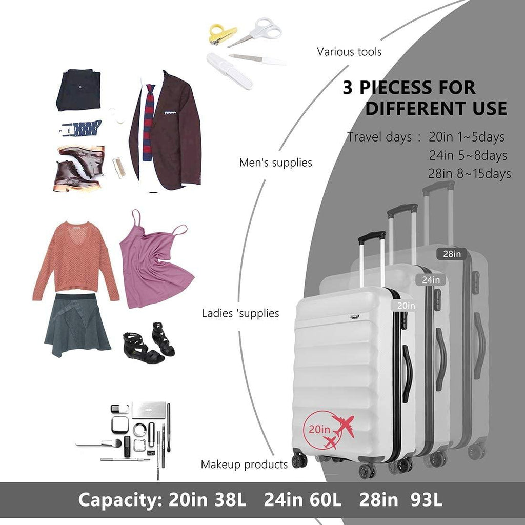Anti-scratch ABS Material Luggage 3 Piece Sets Lightweight Spinner white luggage set (20in 24in 28in)