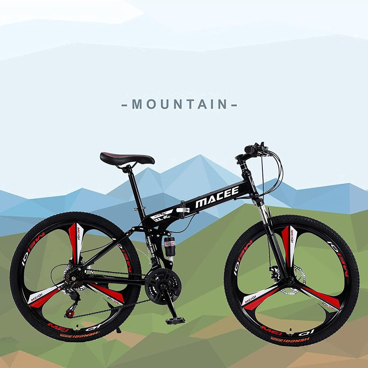 Folding Mountain Bike 24 Inch High-Carbon Steel Mountain Bike with 21 Speed Dual Disc Brakes Full Suspension Non-Slip Lightweight Trail Bike for Cycling MTB Bicycle