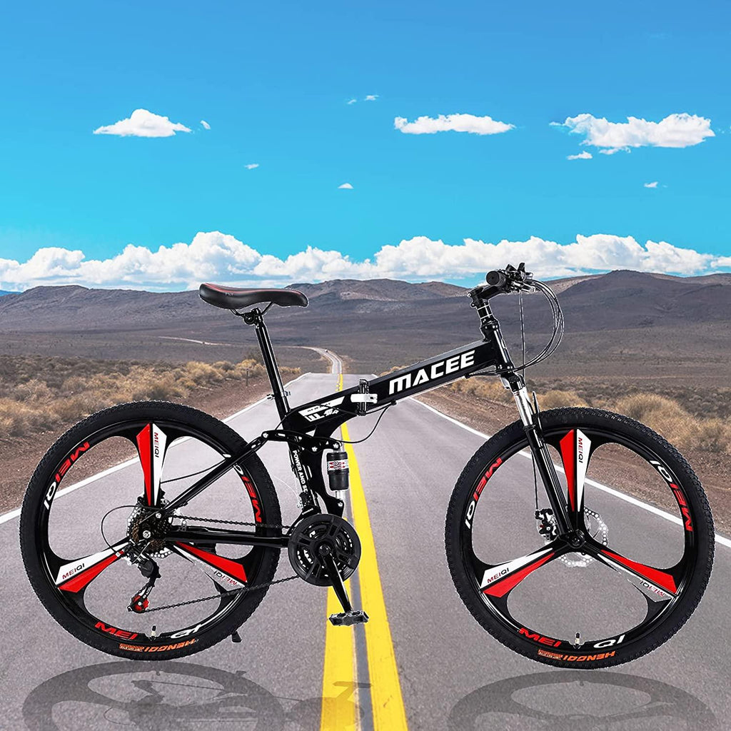 Folding Mountain Bike 24 Inch High-Carbon Steel Mountain Bike with 21 Speed Dual Disc Brakes Full Suspension Non-Slip Lightweight Trail Bike for Cycling MTB Bicycle