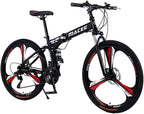 Folding Mountain Bike 24 Inch High-Carbon Steel Mountain Bike with 21 Speed Dual Disc Brakes Full Suspension Non-Slip Lightweight Trail Bike for Cycling MTB Bicycle