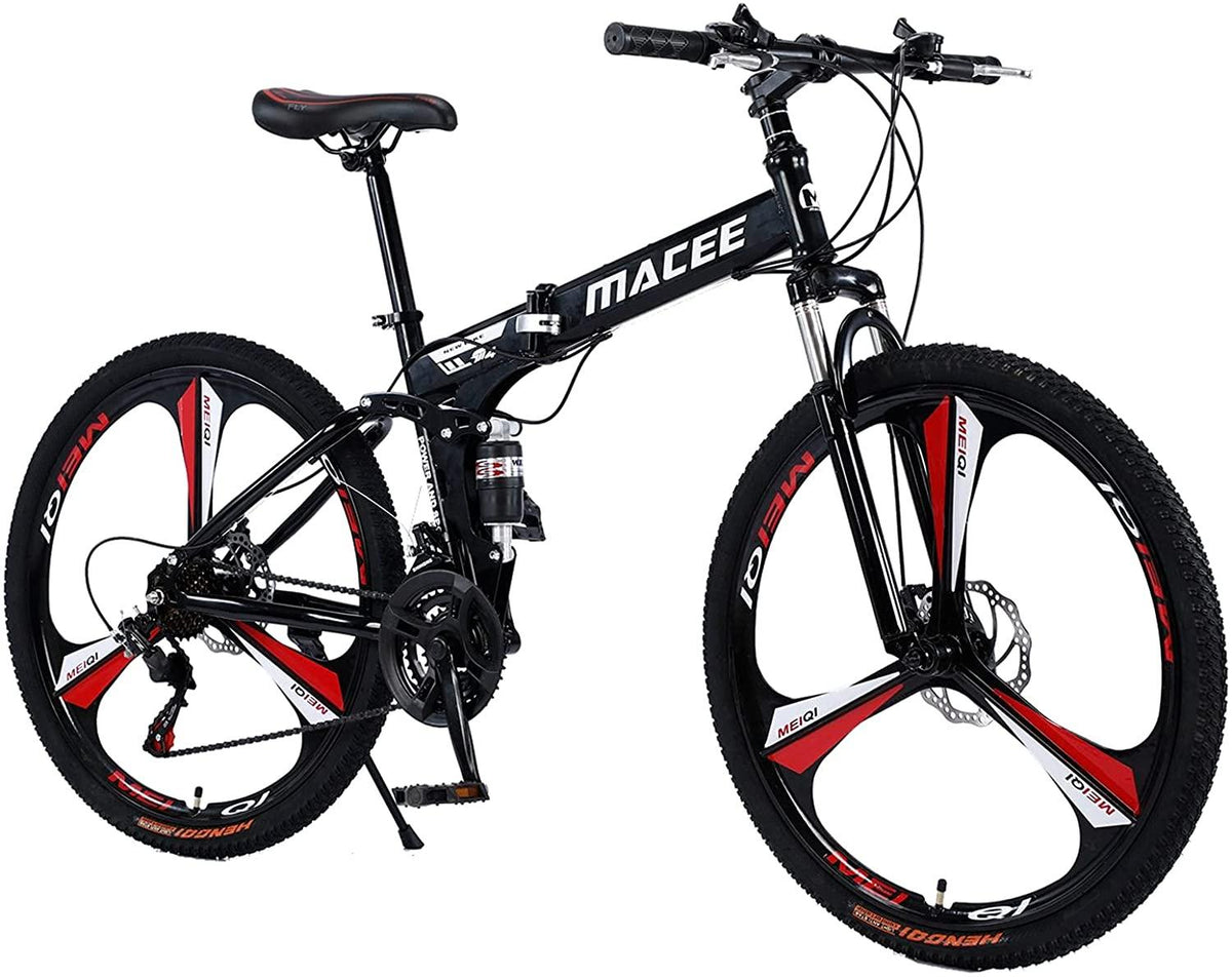 Folding Mountain Bike 24 Inch High-Carbon Steel Mountain Bike with 21 Speed Dual Disc Brakes Full Suspension Non-Slip Lightweight Trail Bike for Cycling MTB Bicycle