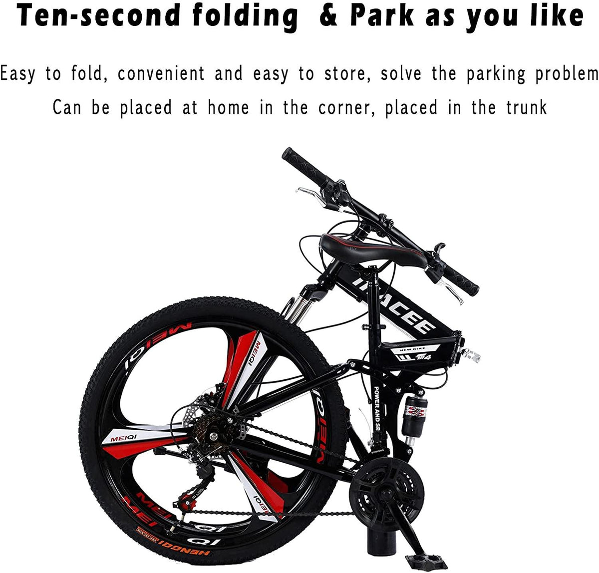 Folding Mountain Bike 24 Inch High-Carbon Steel Mountain Bike with 21 Speed Dual Disc Brakes Full Suspension Non-Slip Lightweight Trail Bike for Cycling MTB Bicycle