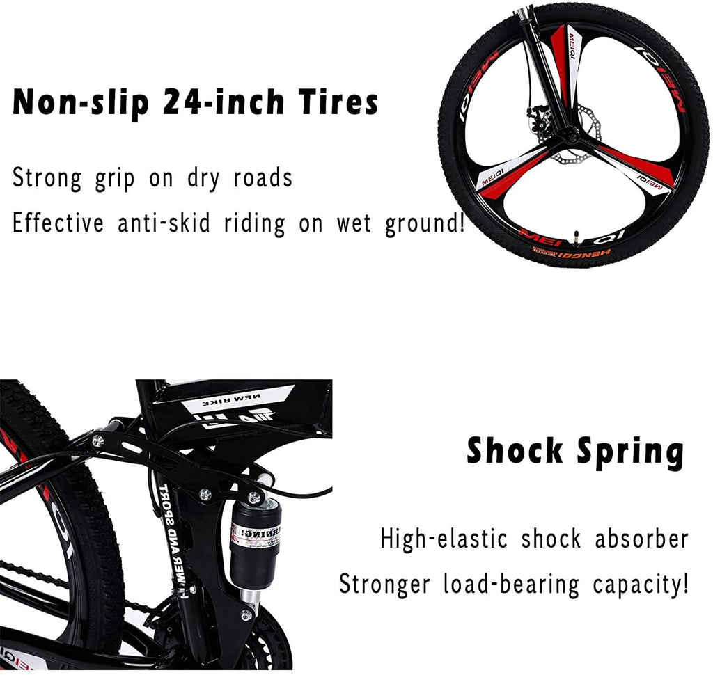 Folding Mountain Bike 24 Inch High-Carbon Steel Mountain Bike with 21 Speed Dual Disc Brakes Full Suspension Non-Slip Lightweight Trail Bike for Cycling MTB Bicycle