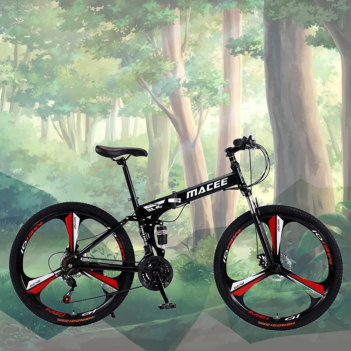 Folding Mountain Bike 24 Inch High-Carbon Steel Mountain Bike with 21 Speed Dual Disc Brakes Full Suspension Non-Slip Lightweight Trail Bike for Cycling MTB Bicycle