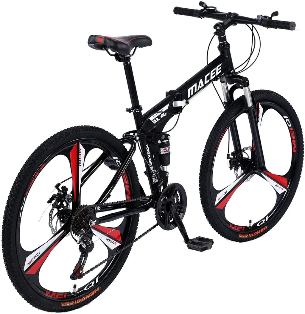 Folding Mountain Bike 24 Inch High-Carbon Steel Mountain Bike with 21 Speed Dual Disc Brakes Full Suspension Non-Slip Lightweight Trail Bike for Cycling MTB Bicycle