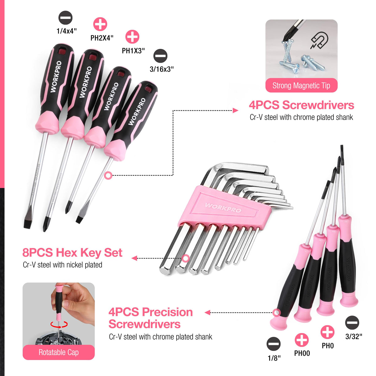 Pink Tool Set, 277 PCS Home Repairing Tool Kit, Pink Tool Bag with 13-Inch Wide Mouth Open StoraBag, Portable Home Tool Kit Including Hammer, Screwdriver, and Household Tools - Pink Ribbon