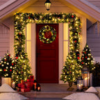 UMfun Christmas Decorations 4-Piece Set, Pre-Lit Artificial Entrance Trees Set of 2, Wreath and Garlands, LEDs Lights with 8 Lighting Mode &amp; Timer, for Home Front Door Xmas Decor