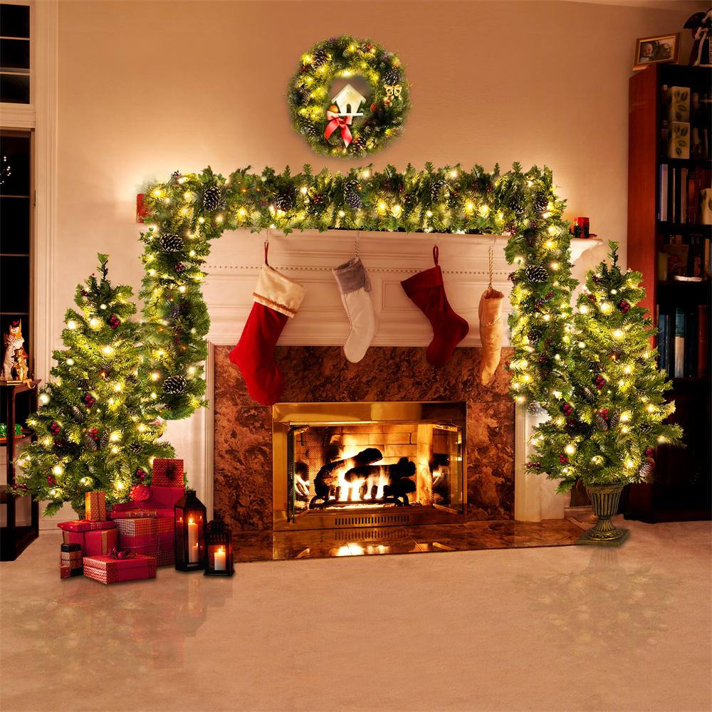 UMfun Christmas Decorations 4-Piece Set, Pre-Lit Artificial Entrance Trees Set of 2, Wreath and Garlands, LEDs Lights with 8 Lighting Mode &amp; Timer, for Home Front Door Xmas Decor