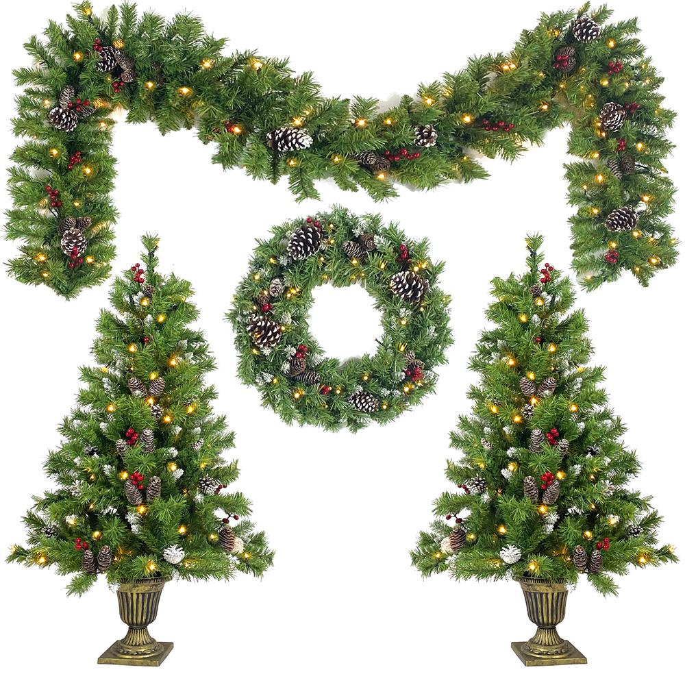 UMfun Christmas Decorations 4-Piece Set, Pre-Lit Artificial Entrance Trees Set of 2, Wreath and Garlands, LEDs Lights with 8 Lighting Mode &amp; Timer, for Home Front Door Xmas Decor