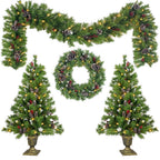 UMfun Christmas Decorations 4-Piece Set, Pre-Lit Artificial Entrance Trees Set of 2, Wreath and Garlands, LEDs Lights with 8 Lighting Mode &amp; Timer, for Home Front Door Xmas Decor