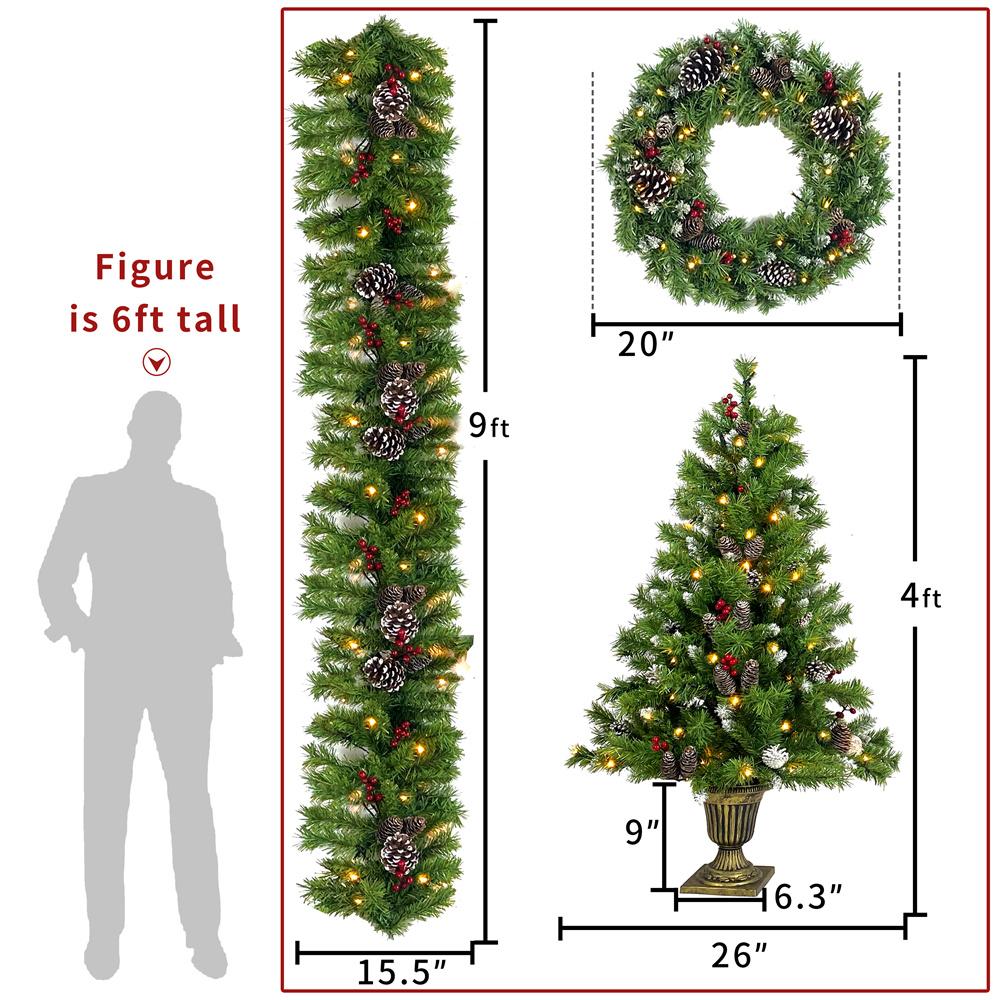 UMfun Christmas Decorations 4-Piece Set, Pre-Lit Artificial Entrance Trees Set of 2, Wreath and Garlands, LEDs Lights with 8 Lighting Mode &amp; Timer, for Home Front Door Xmas Decor