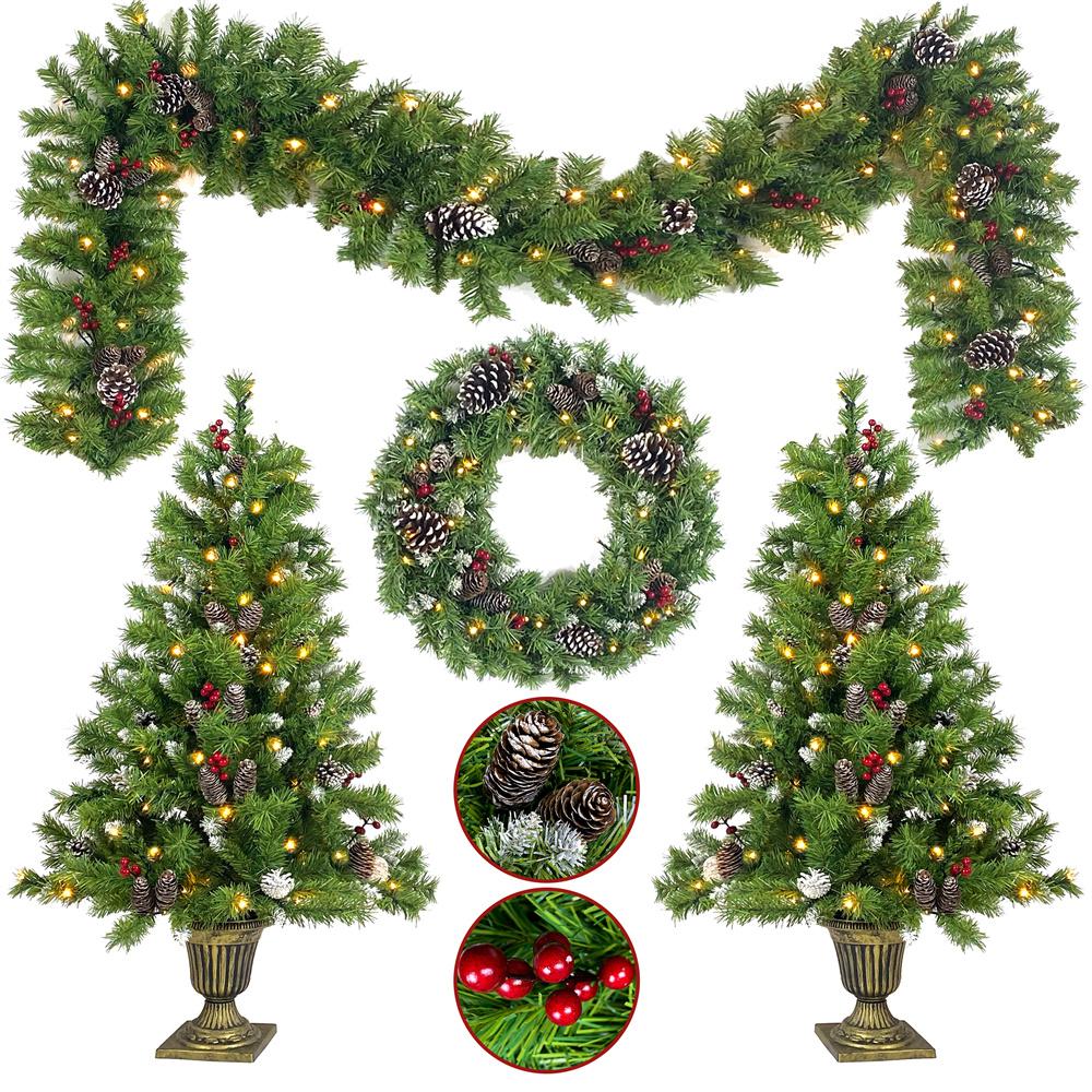 UMfun Christmas Decorations 4-Piece Set, Pre-Lit Artificial Entrance Trees Set of 2, Wreath and Garlands, LEDs Lights with 8 Lighting Mode &amp; Timer, for Home Front Door Xmas Decor