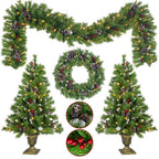 UMfun Christmas Decorations 4-Piece Set, Pre-Lit Artificial Entrance Trees Set of 2, Wreath and Garlands, LEDs Lights with 8 Lighting Mode &amp; Timer, for Home Front Door Xmas Decor