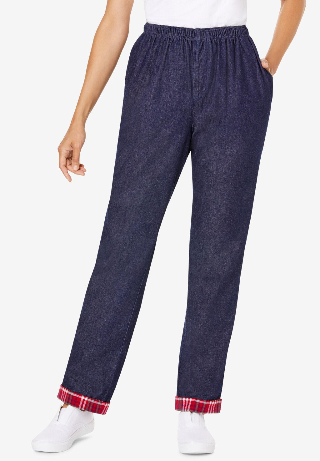 elastic-waist cotton straight leg pant with flannel lining
