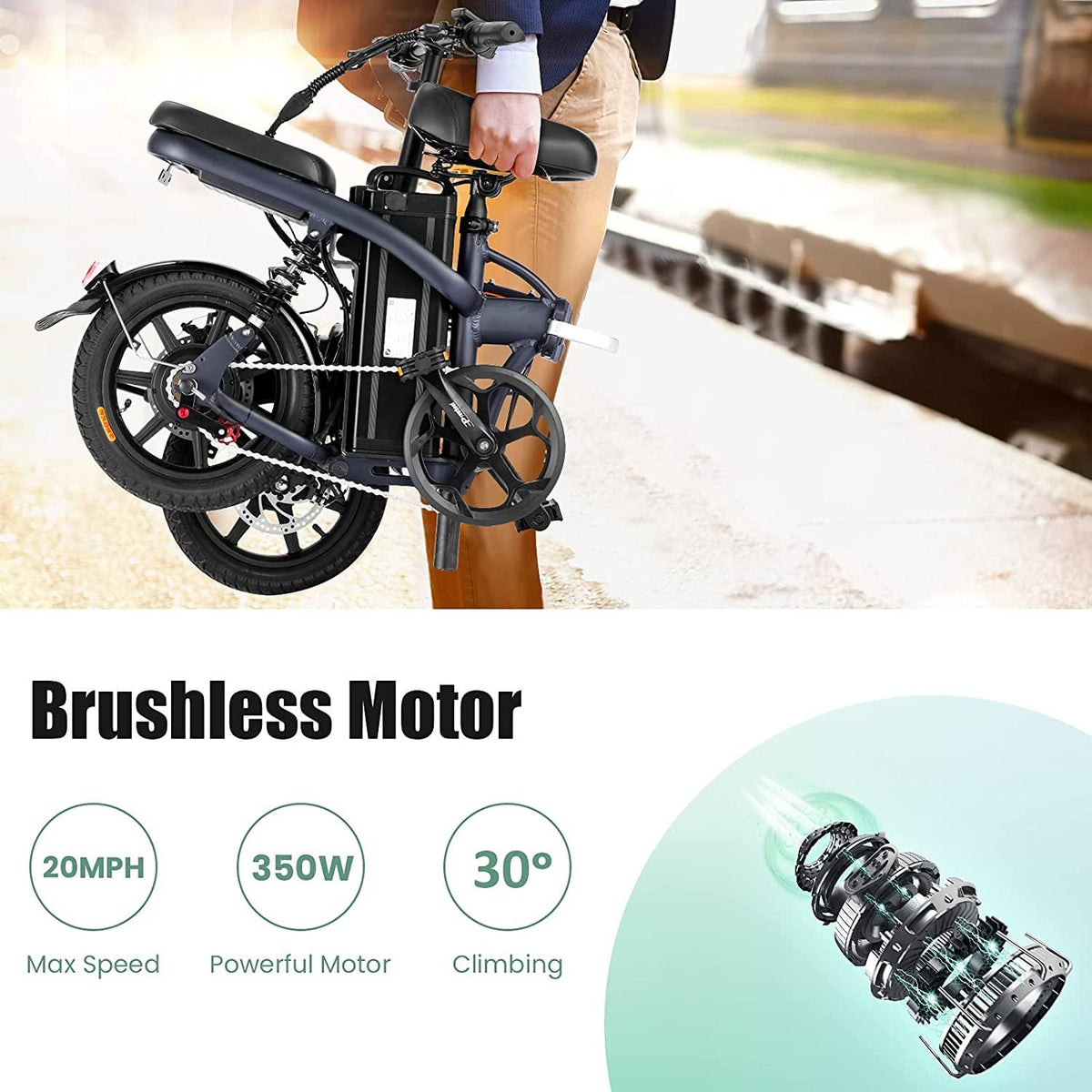 Vivi 14" Folding Electric Bike for Adults, 350W Motor Ebike, with Removable 48V 20Ah Lithium-Ion Battery, Adults Electric Bicycle for Daily Cruises, Commutes