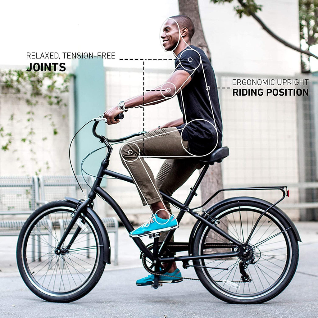 reezero EVRYjourney Men's Casual Edition 7-Speed Sport Hybrid Cruiser Bike w/Integrated Cable Lock, 26" Bicycle, Matte Black with Black Seat and Black Grips