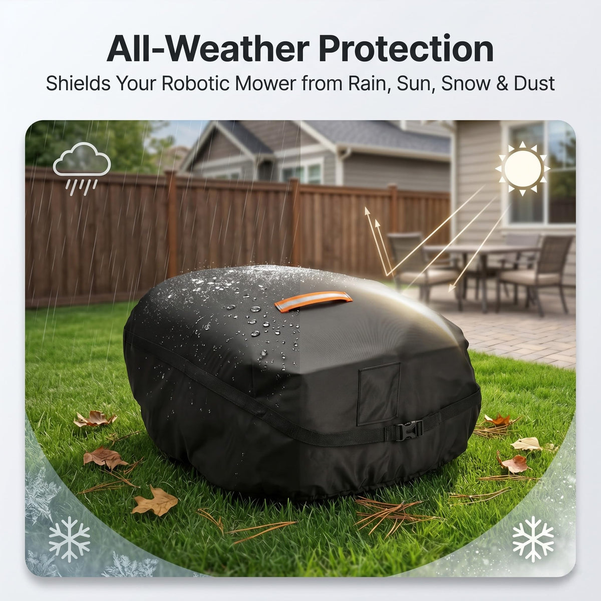Robot Lawn Mower Cover Waterproof, 420D Outdoor Robotic Mower Cover, Black | 420D waterproof fabric, backyard robotic mower storafor rain snow dust sun, webbing strap,  buckle, elastic hem, vent