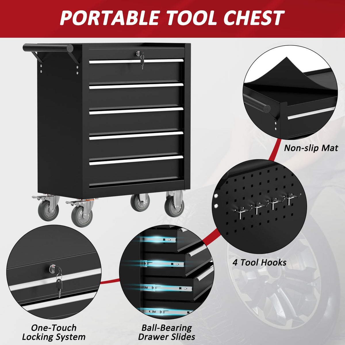 5 Drawers Rolling Tool Chest with Wheels, Portable Rolling Tool Boxes with Wheels, Tool Box StoraCabinet with LocSystem for Gara(Black, 5 Drawers)
