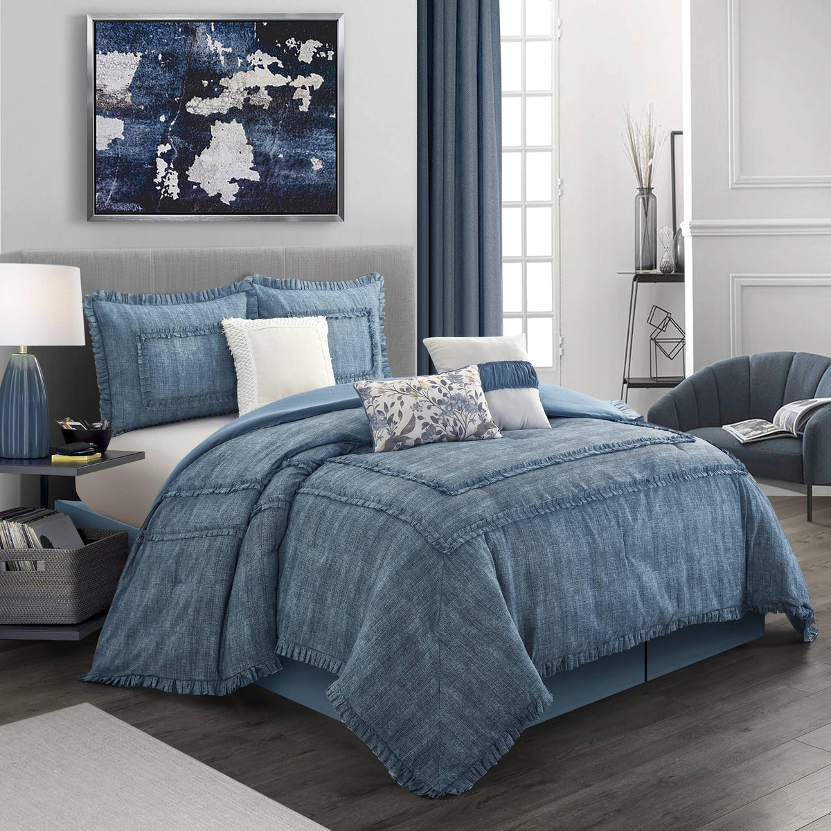 Nanshing Levitt Microfiber Super Soft 7-Piece Bedding Comforter Set, Queen, Blue