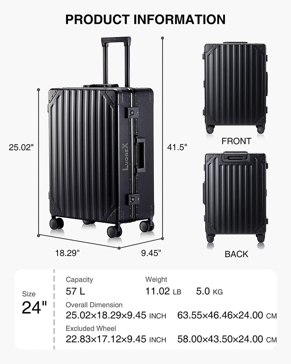 Carbon Fiber All Aluminum Luggage, LuggeX Smart TSA 24" No Zipper Suitcase, Checked Hardside Luggage with Spinner Wheels