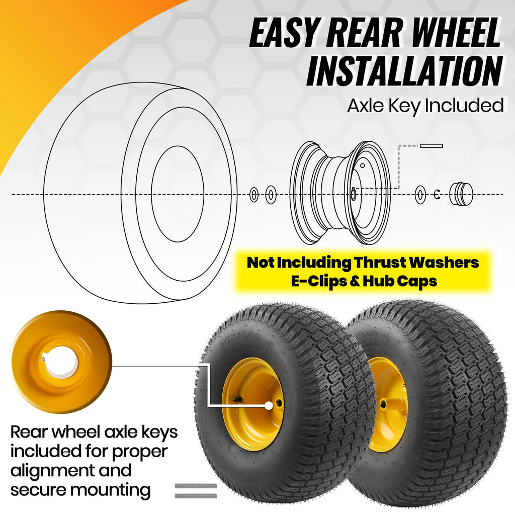 20x10.00-8 Tubeless Lawn Mower Tire and Wheel Assembly (2-Pack), 4-Ply Rear Tire with Steel Rim, 3/4" Bore &amp; 3/16" Keyway, 3.5" Offset Hub, S-Turf Tread, Riding Lawn Mower &amp; Garden Tractor
