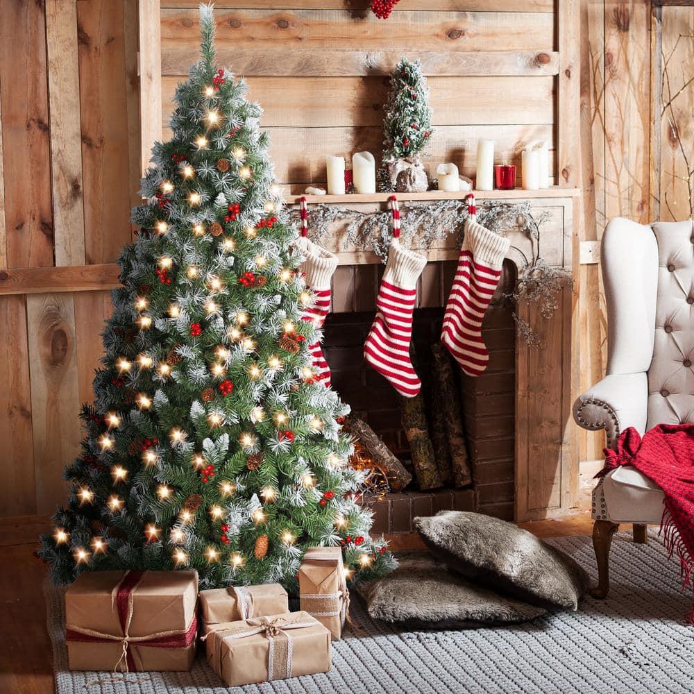 6.5 ft. Pre-Lit Artificial Christmas Tree with Warm White LED Lights, Pine Cones, Red Berrie