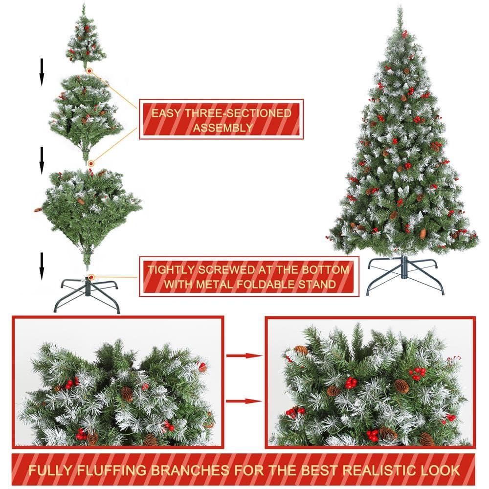 6.5 ft. Pre-Lit Artificial Christmas Tree with Warm White LED Lights, Pine Cones, Red Berrie