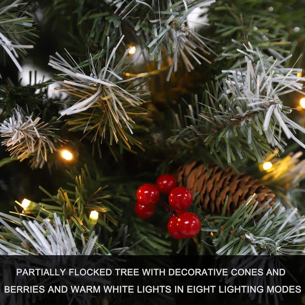 6.5 ft. Pre-Lit Artificial Christmas Tree with Warm White LED Lights, Pine Cones, Red Berrie
