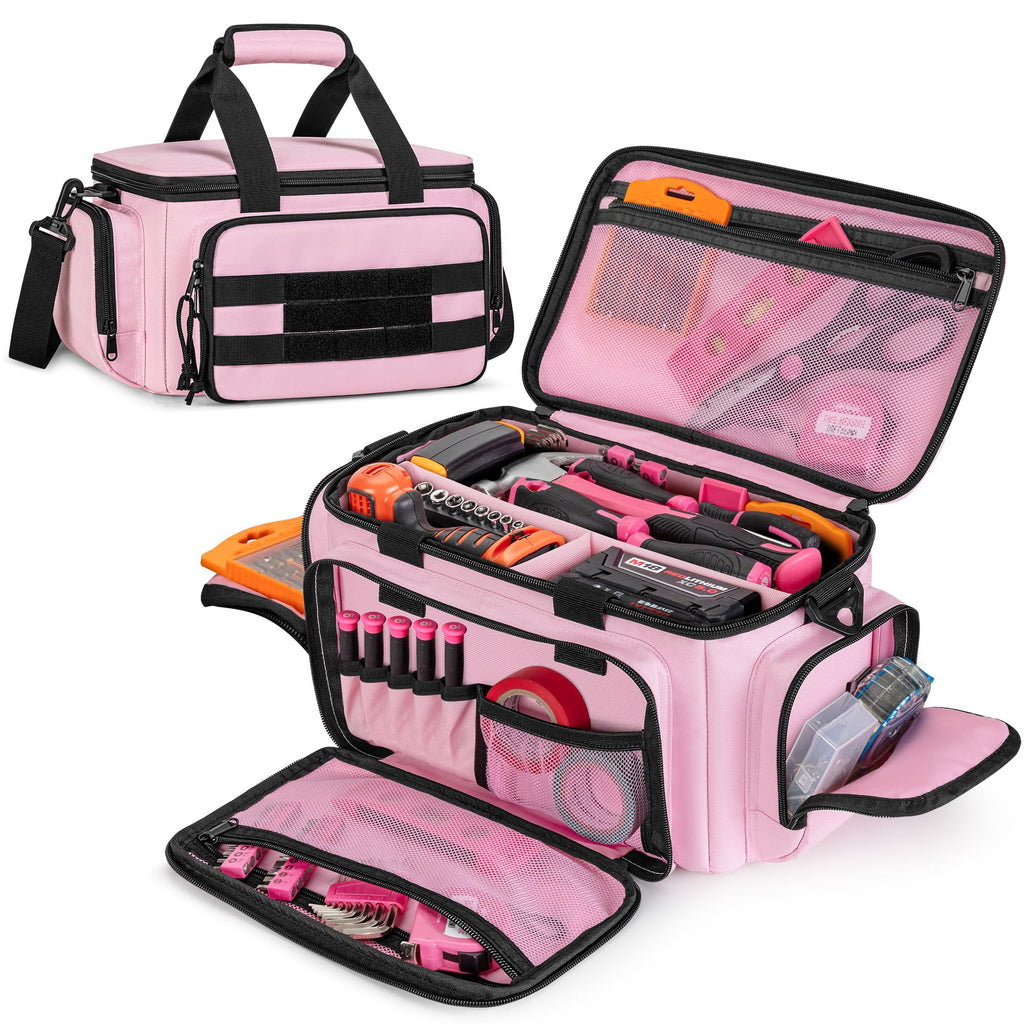 Pink Tool Bag for Women, Tool Organizer with Anti-friction Bottom | Detachable Divider, Wrapped Handles, Adjustable Shoulder Strap, Tactical RanBag for Electrician, Carpenters, Repairman