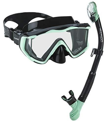 Phantom Aquatics Rapido Boutique Collection Clareza Three Window Tempered Glass Lens Mask Fin Snorkel Set with Snorkeling Gear Carry Bag (Sea Gre