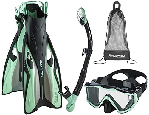 Phantom Aquatics Rapido Boutique Collection Clareza Three Window Tempered Glass Lens Mask Fin Snorkel Set with Snorkeling Gear Carry Bag (Sea Gre