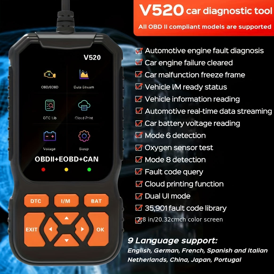 OBD2 Car Scanner Diagnostic Scan Tool, Professional Mechanic Vehicle Fault Code Reader,Auto Read Fault Code Check Engine Light For OBDII Protocol Cars