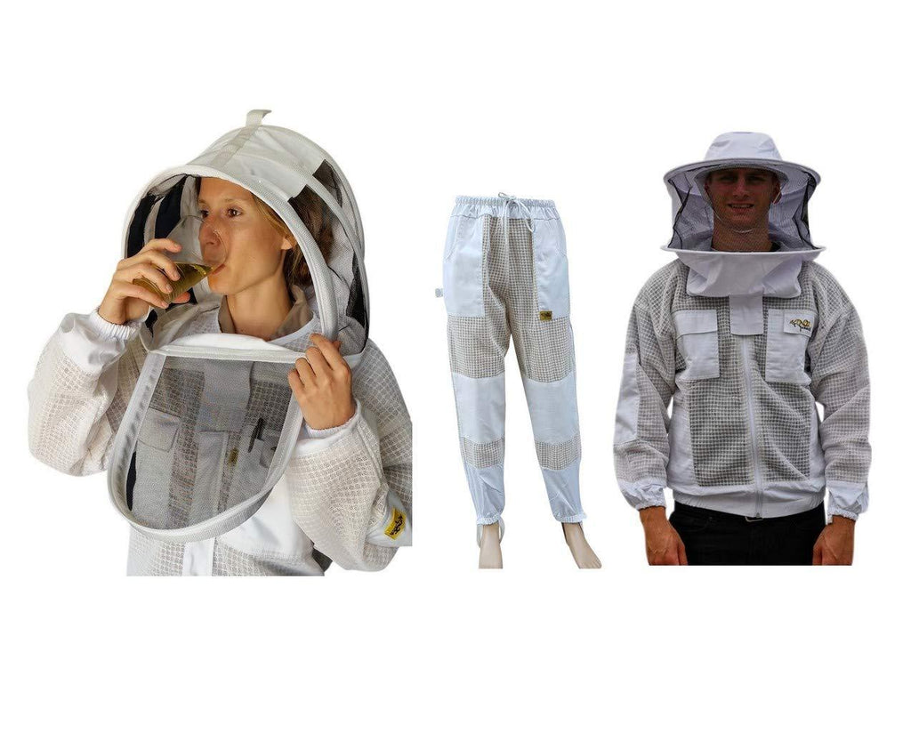 oz armour beekeeping suit jacket &amp; trouser pant with 2 veils fencing &amp; round brim hat ventilated 3 layer mesh costume (medium)