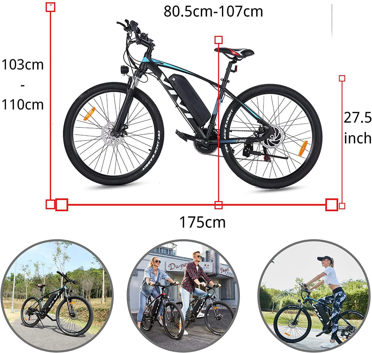 VIVI E-Bike 27.5 Inch Electric Mountain Bike with 350W Motor| 21 Speed Electric Bike| Dual Disc Brakes| Removable 10.4Ah Battery E-MTB Electric Bicycle for Adults