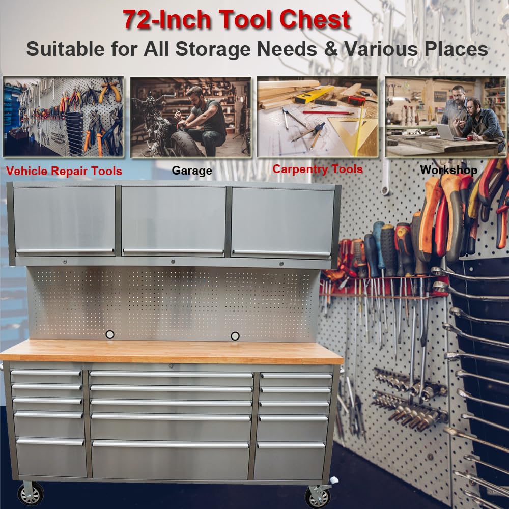 72-Inch  Steel Rolling Tool Chest with 15 Drawers + 3 Upper Cabinets, Mobile Workbench, Assembled LarTool Box Lockable StoraCabinet with Wheels for GaraWorkshop