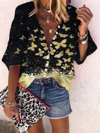 Casual Butterfly Print V-Neck Half Sleeve Loose Shirt