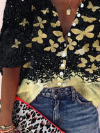 Casual Butterfly Print V-Neck Half Sleeve Loose Shirt