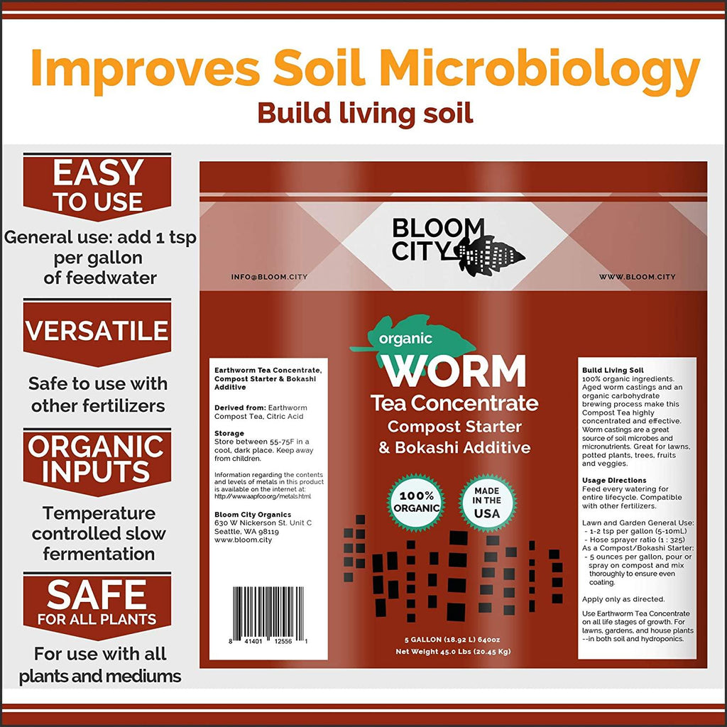 organic earthworm tea concentrate and compost and bokashi booster by bloom city, 5 gallon (640 oz)