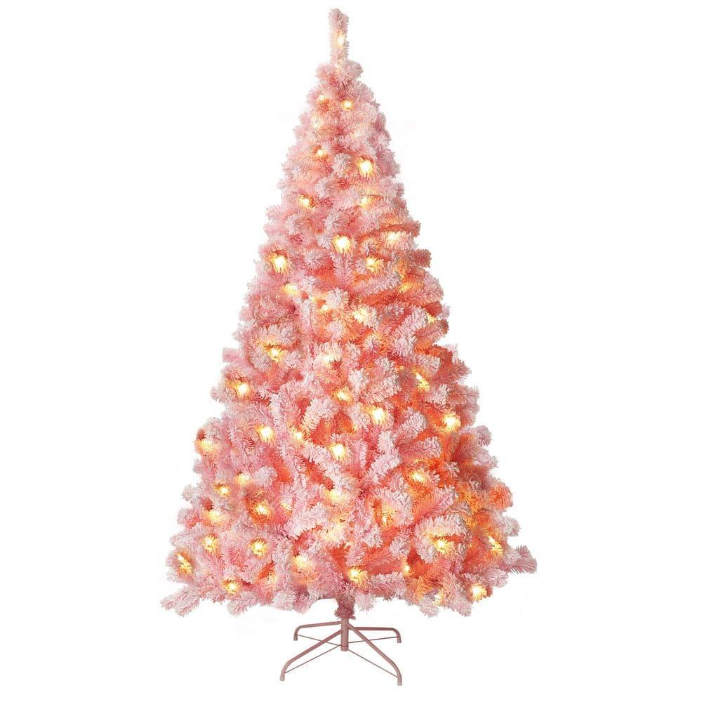 6.5 ft. Pink Flocked Artificial Christmas Tree with Clear LED Lights