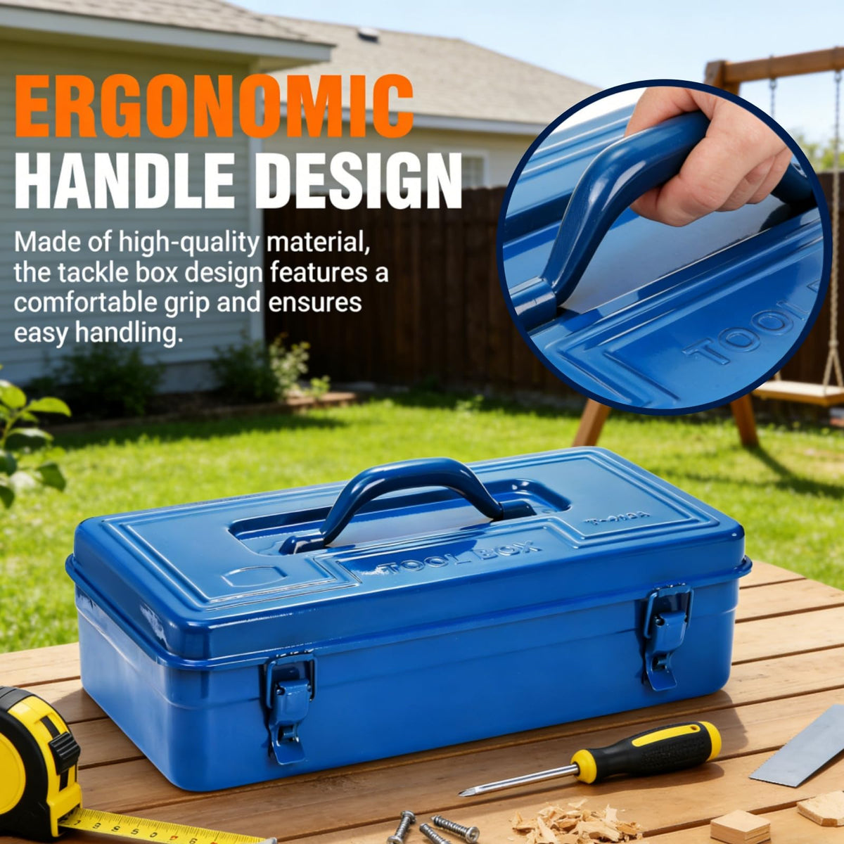 Portable Steel Tool Box, 16 Inch Metal Tool Organizer Box with Double Latch Closure and Handle, Heavy Duty StoraToolbox Chest for Workshop, Garage, Warehouse, Household, Blue