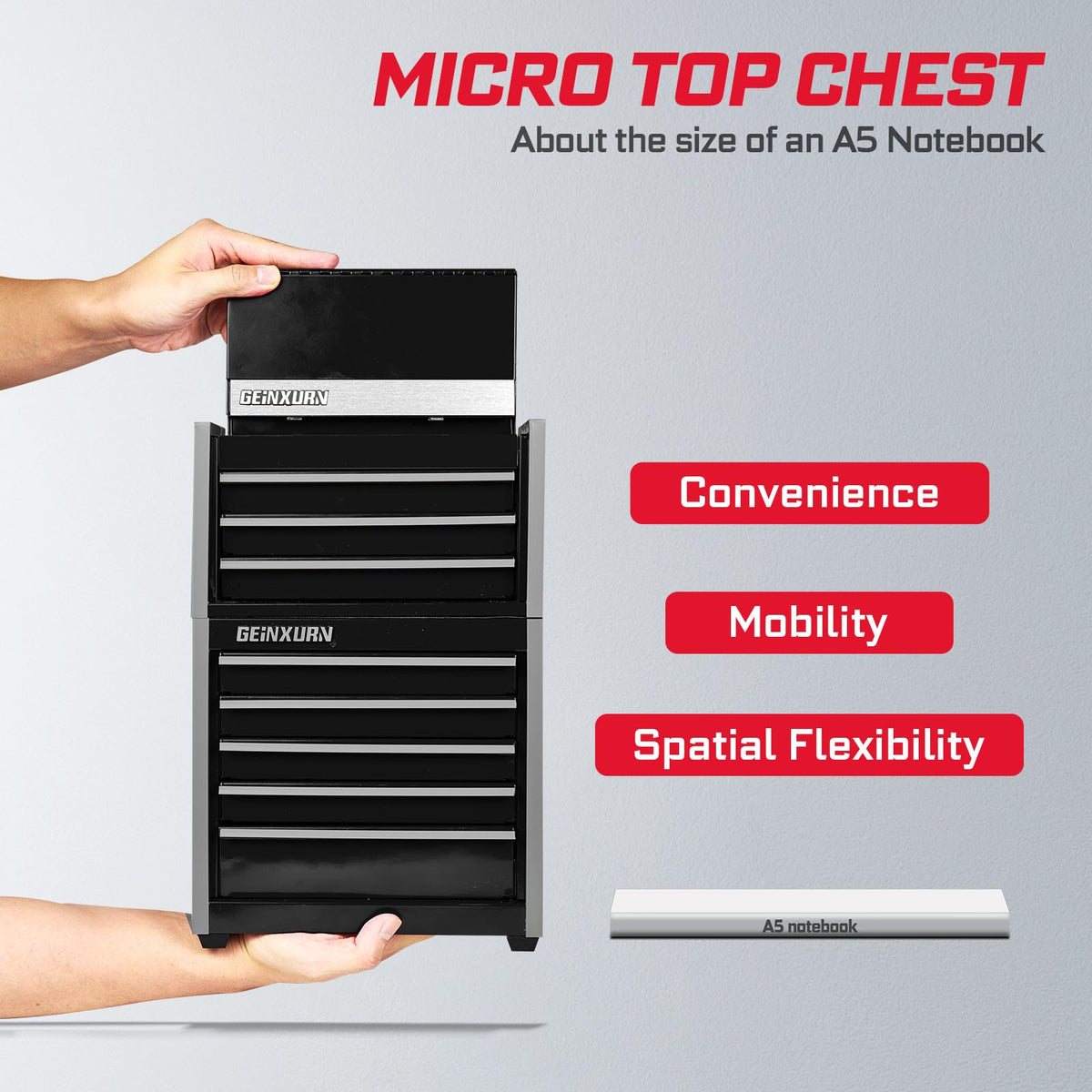 8-Drawer Rolling Black Tool Box, Heavy Duty Micro Roll Cab Steel Stackable Tool Chest with Lockable Drawers, 2-in-1 Lar& Compact Combo Set (3-Drawer + 5-Drawer) for Garage, Workshop
