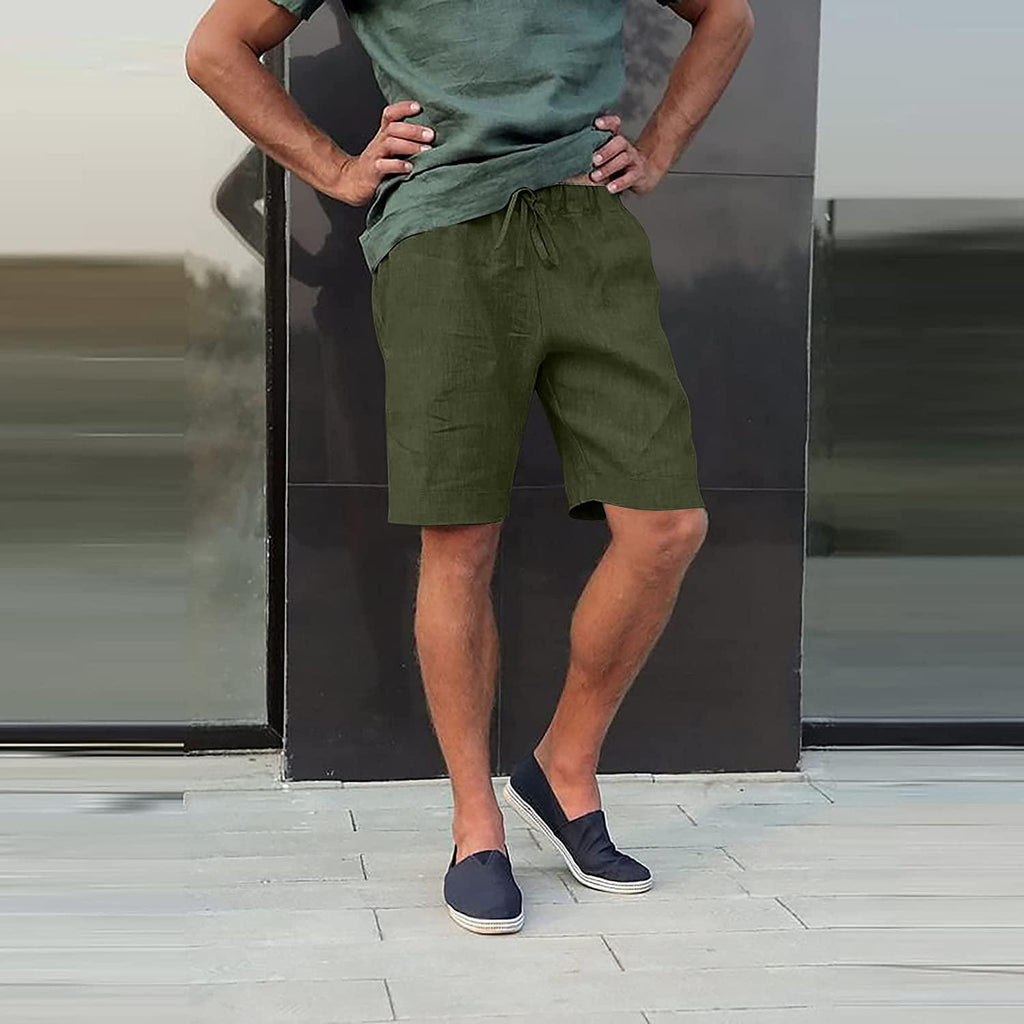 Men's Linen Casual Classic Fit Short Drawstring Summer Beach Shorts