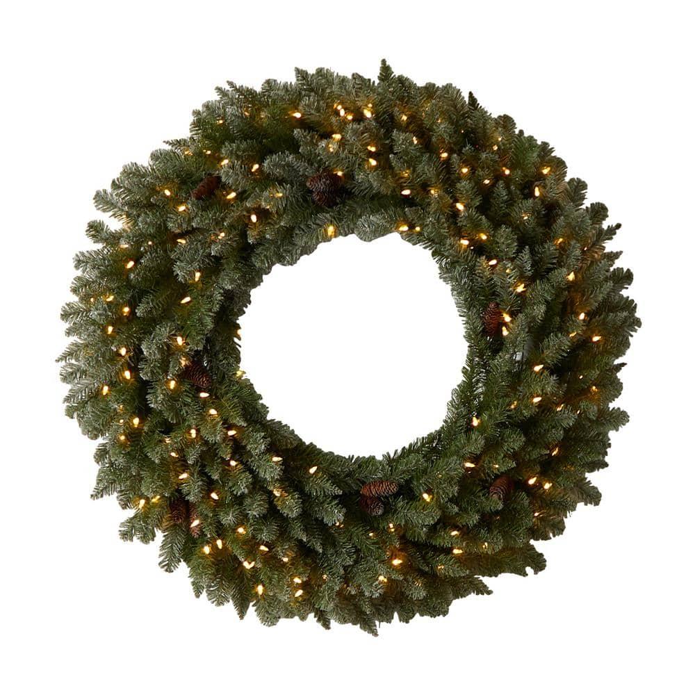48 in. Prelit LED Large Flocked Artificial Christmas Wreath with Pinecones, 150 Clear LED Lights