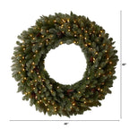 48 in. Prelit LED Large Flocked Artificial Christmas Wreath with Pinecones, 150 Clear LED Lights