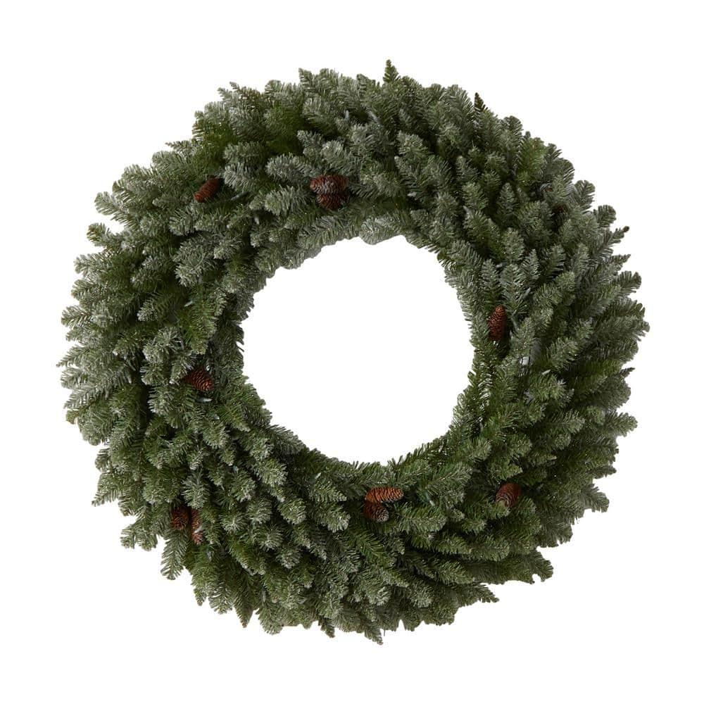 48 in. Prelit LED Large Flocked Artificial Christmas Wreath with Pinecones, 150 Clear LED Lights